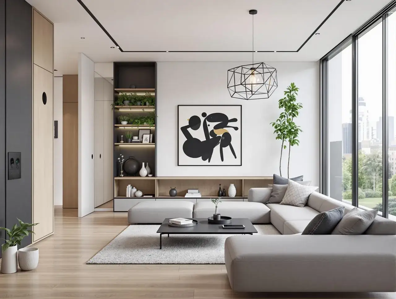Nowoczesny salon z szarą sofą, czarnym stolikiem i obrazem w stylu abstrakcyjnym. W tle regał z roślinami, a za oknem miejski krajobraz. Dominują jasne kolory, ale czarne akcenty, jak lampa i ramka obrazu, dodają elegancji, przypominając głębię heban k...