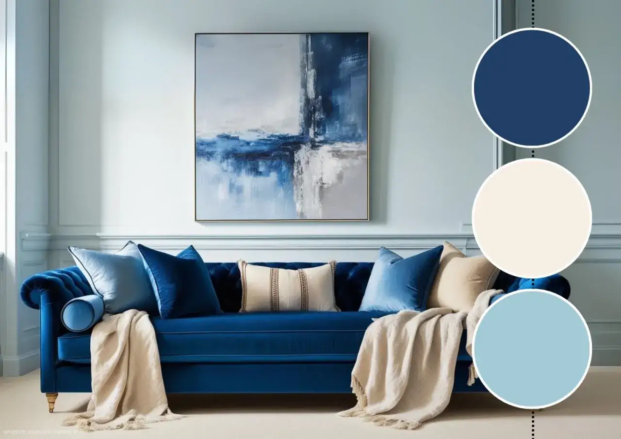 Elegancka sofa w kolorze chabrowym, ozdobiona poduszkami i pledem, na tle obrazu abstrakcyjnego.