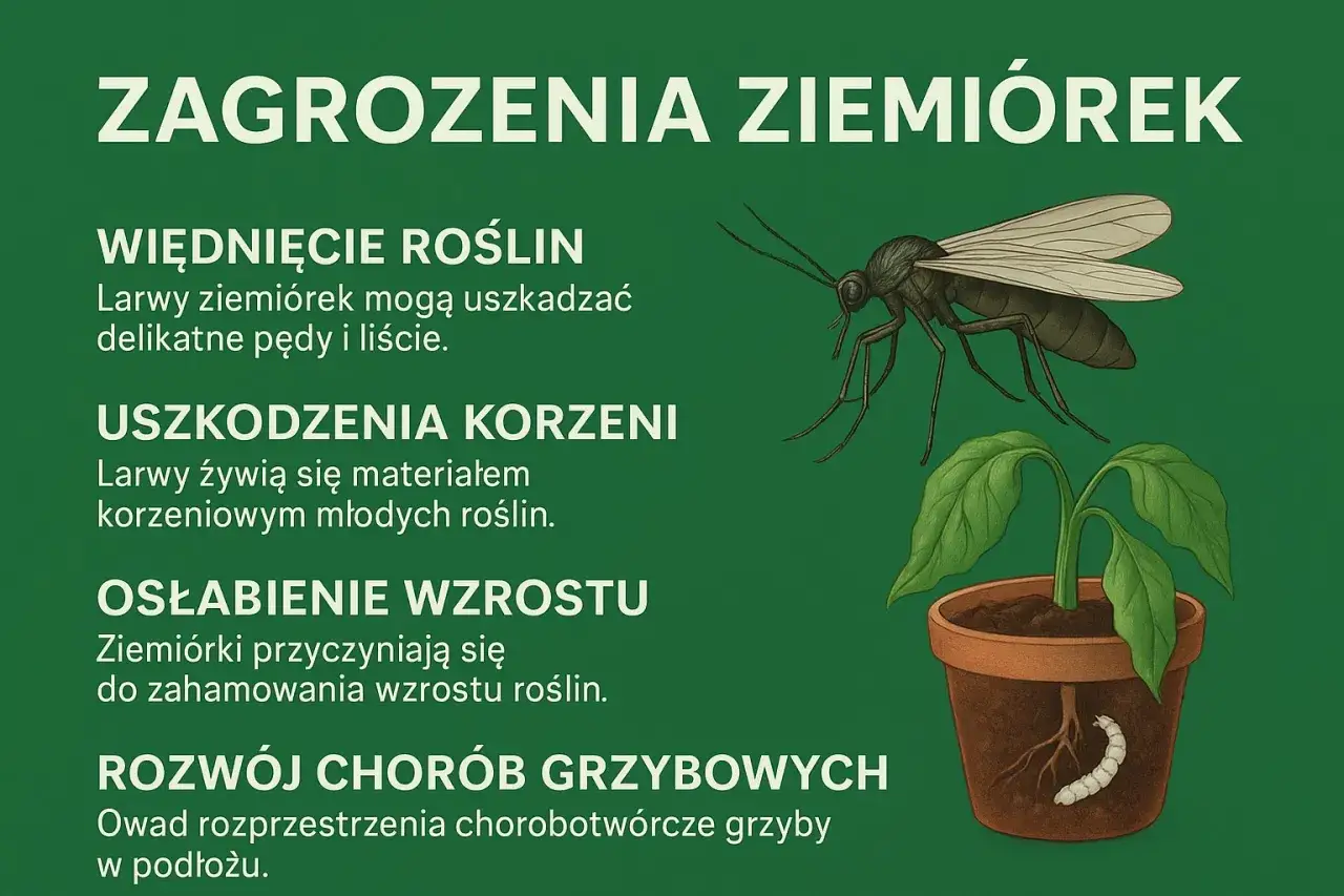 Ziemiórki w kwiatach: larwy uszkadzają korzenie i pędy, osłabiają wzrost roślin i roznoszą grzyby.