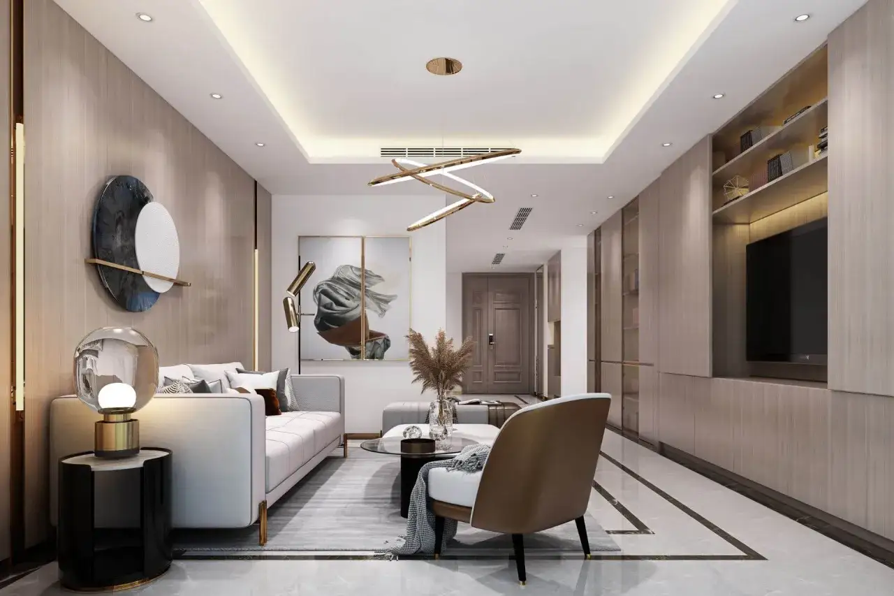 Nowoczesny salon z designerskim malowidłem na suficie. Wygodna sofa, fotel i stolik kawowy tworzą przytulną przestrzeń.
