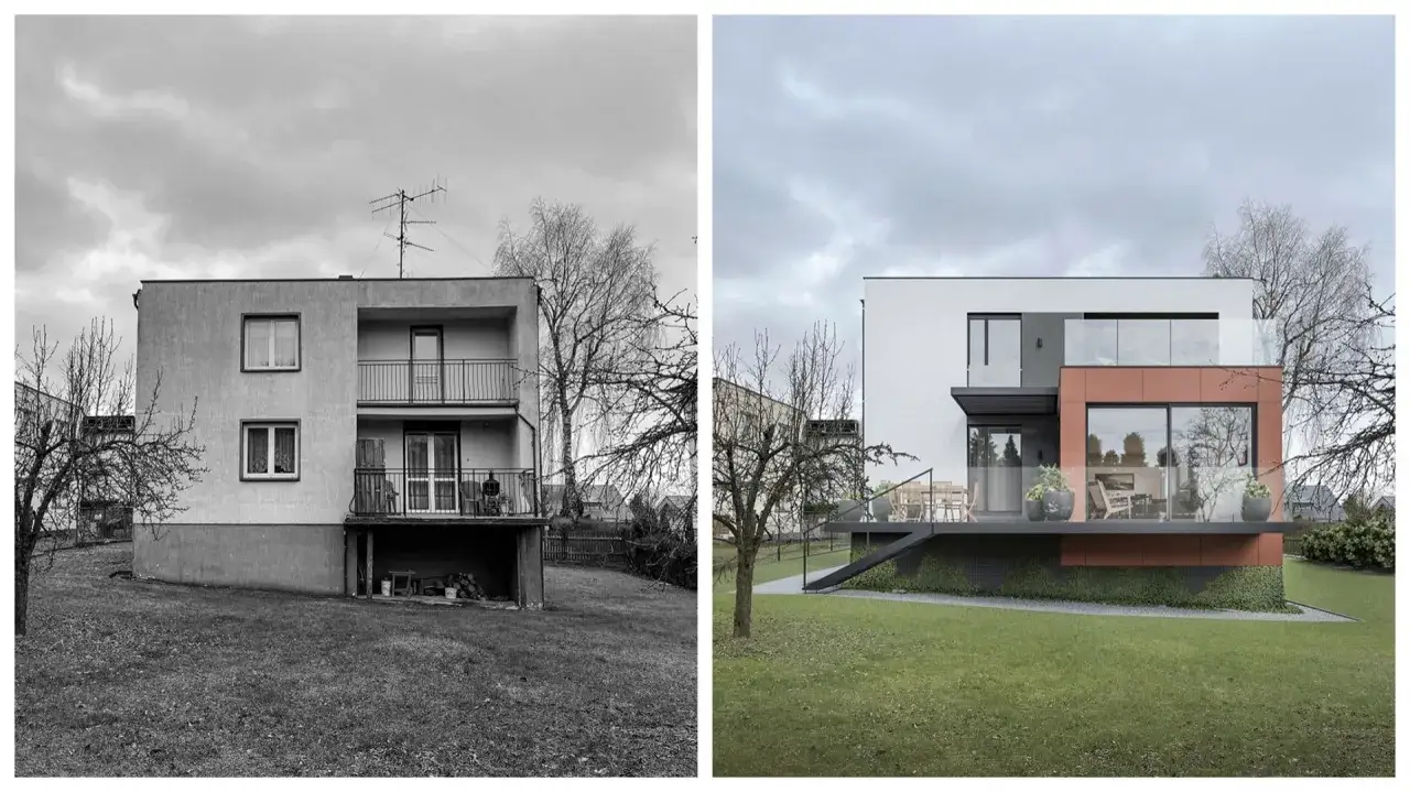 Przed i po: modernistyczna metamorfoza elewacji domów z lat 70-tych. Nowoczesna bryła z przeszklonymi tarasami i ceglanymi akcentami zastępuje starą architekturę.